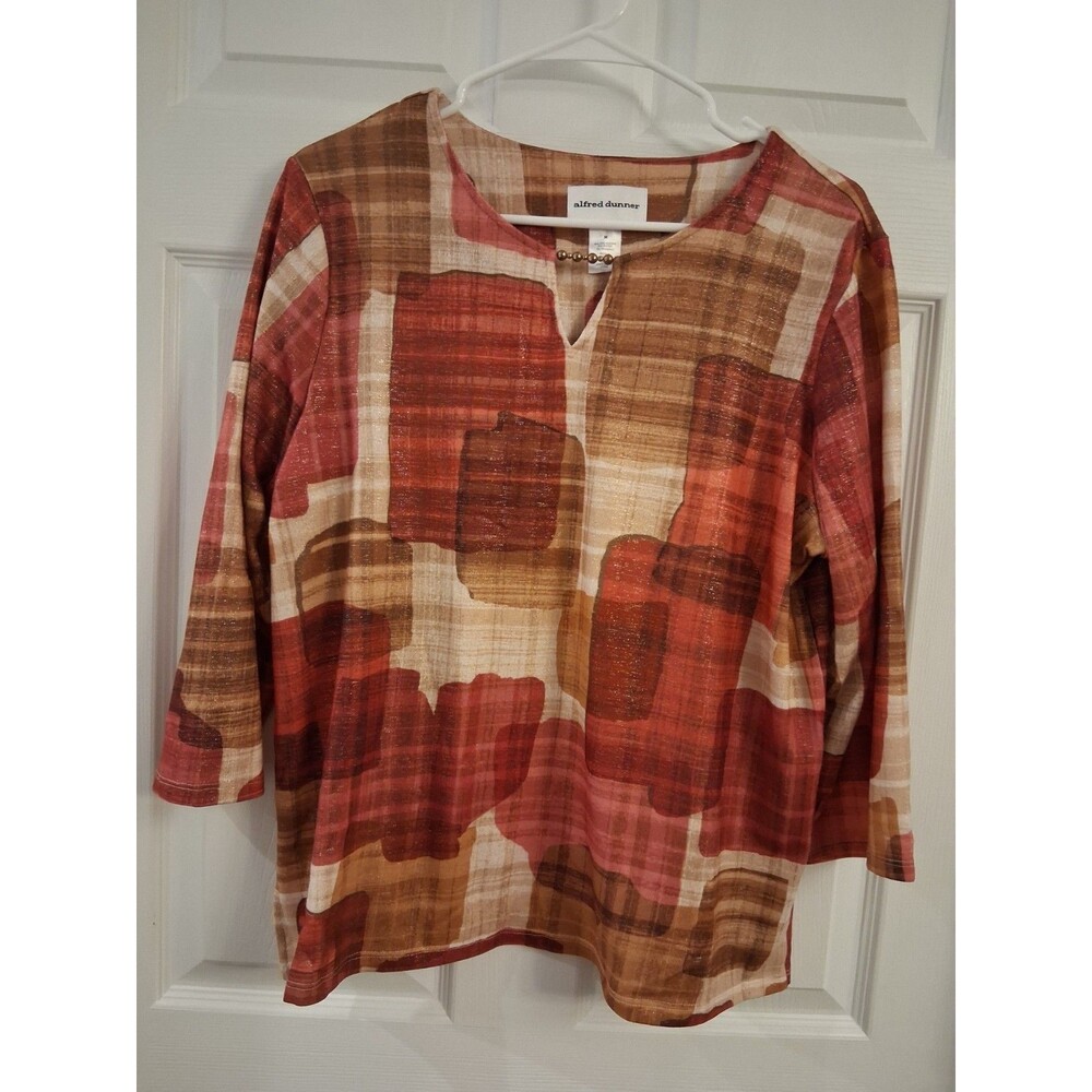 Alfred Dunner Medium Multicolor Geometric Knit V-Neck Beaded 3/4 Top
